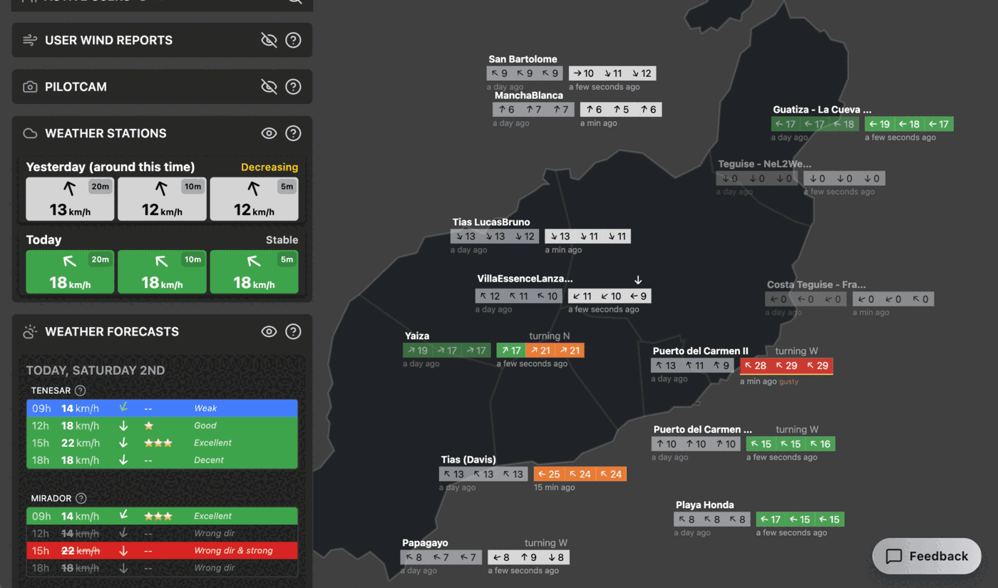 Tableau de bord du vent en direct sur wind.lanzaroteparagliding.com avec les données temps réel des stations météo à travers Lanzarote
