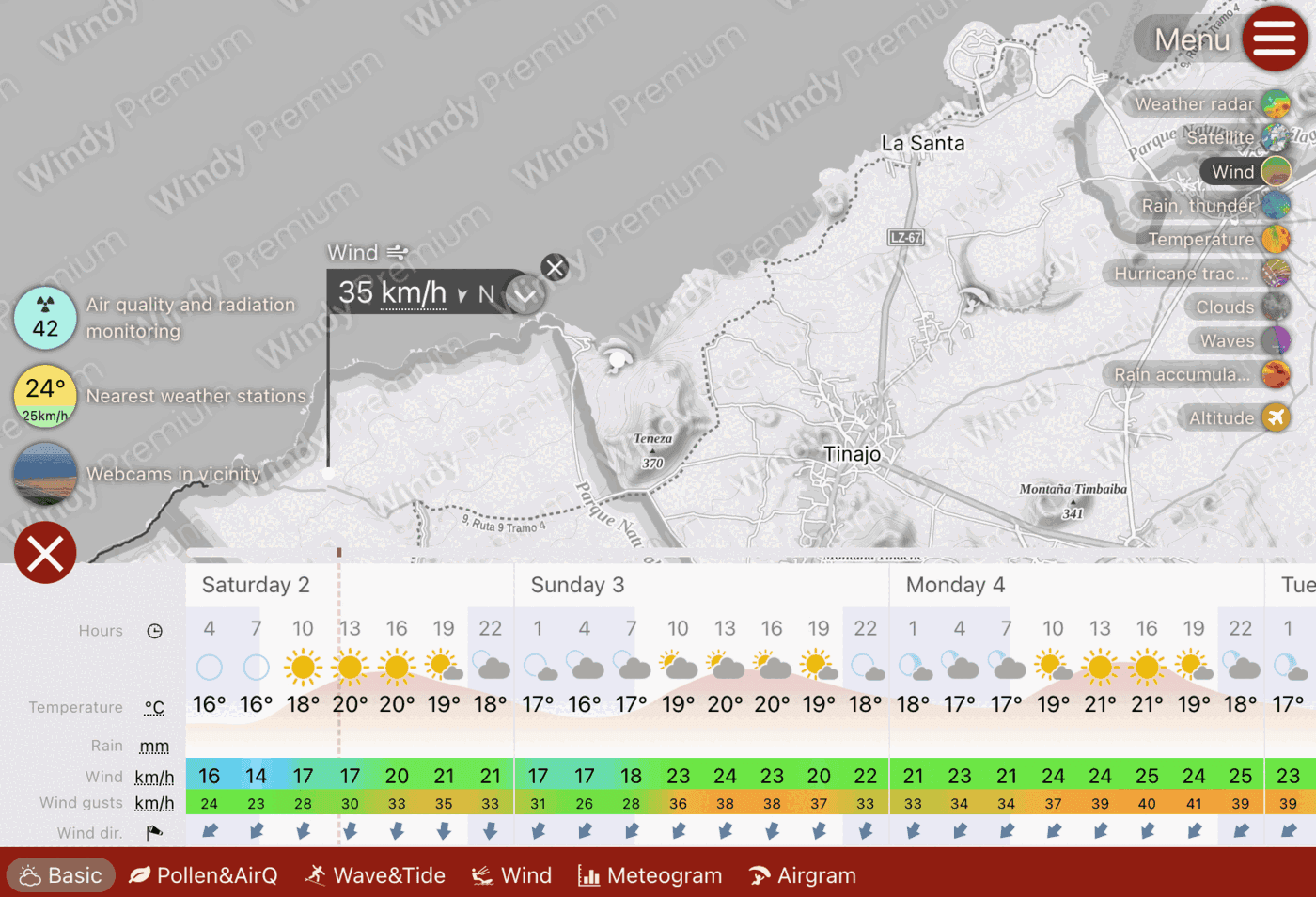 Carte de prévision Windy.com montrant la direction et la vitesse du vent sur la zone de vol de Tenesar à Lanzarote